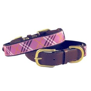 Auburn Pink Tartan Plaid Ribbon and Leather Dog Collar, sz 26”